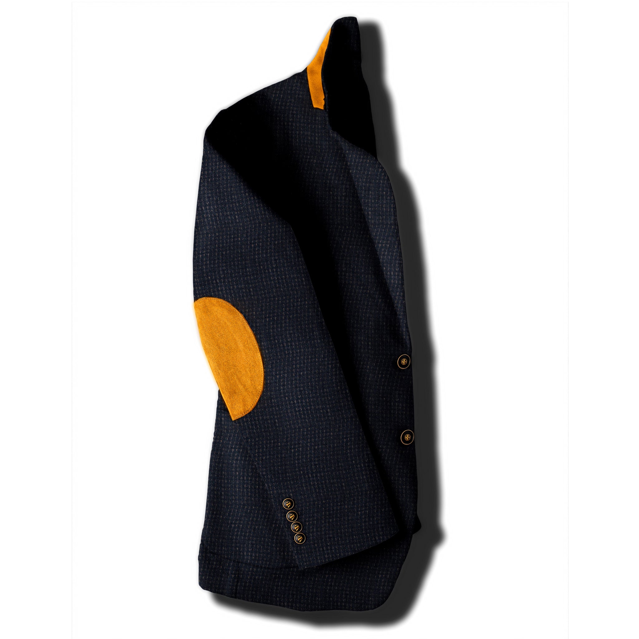 men's blue blazer with elbow patches