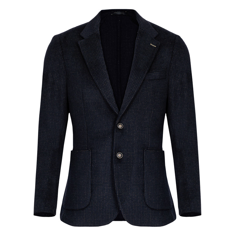 men's blue blazer with elbow patches