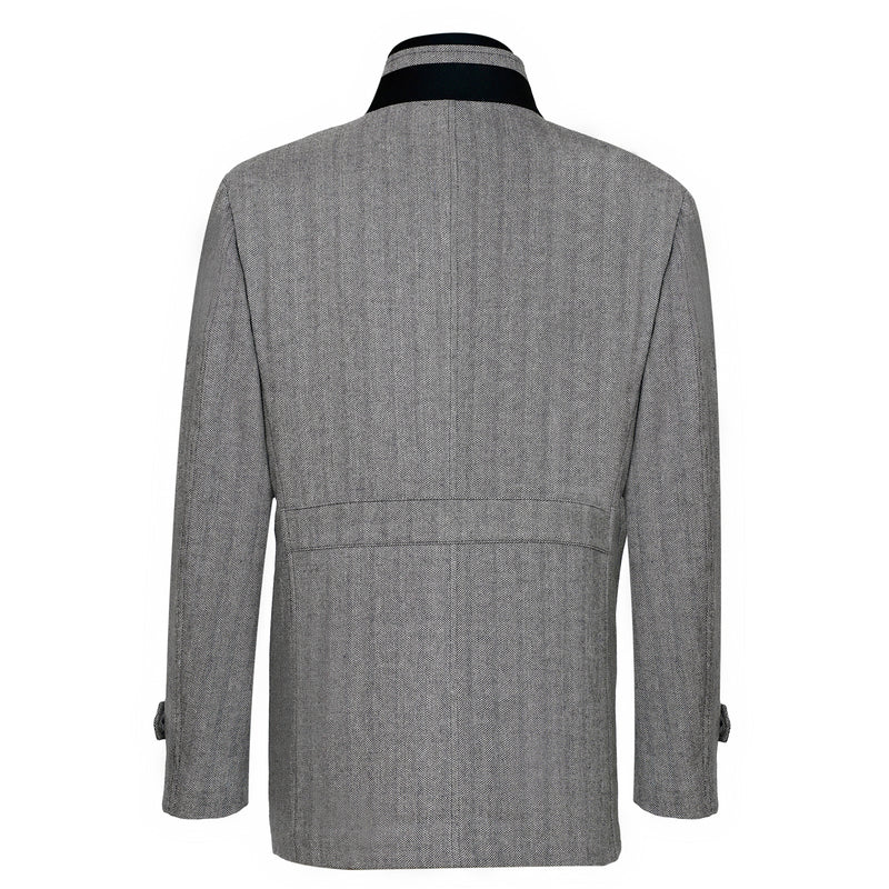 men's black & white overcoat with herringbone pattern
