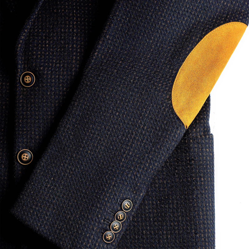 men's blue blazer with elbow patches